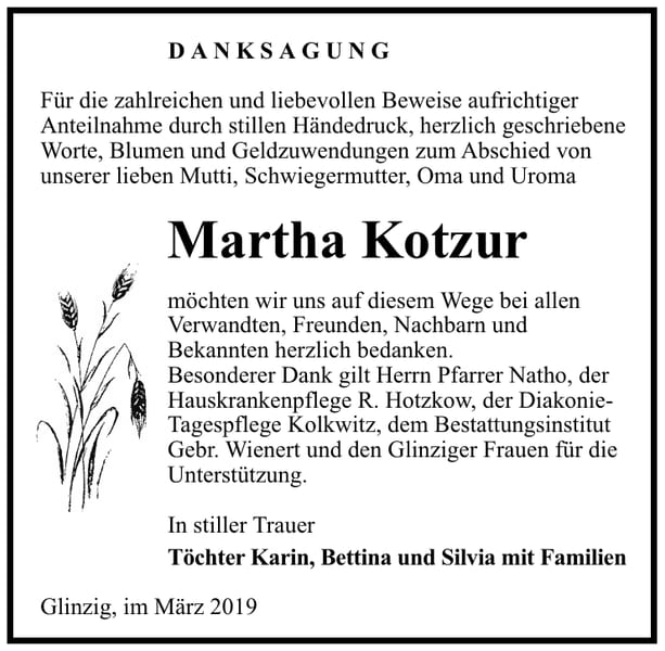 Traueranzeige Martha Kotzur