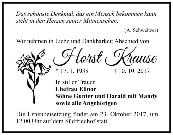 Traueranzeige Horst Krause
