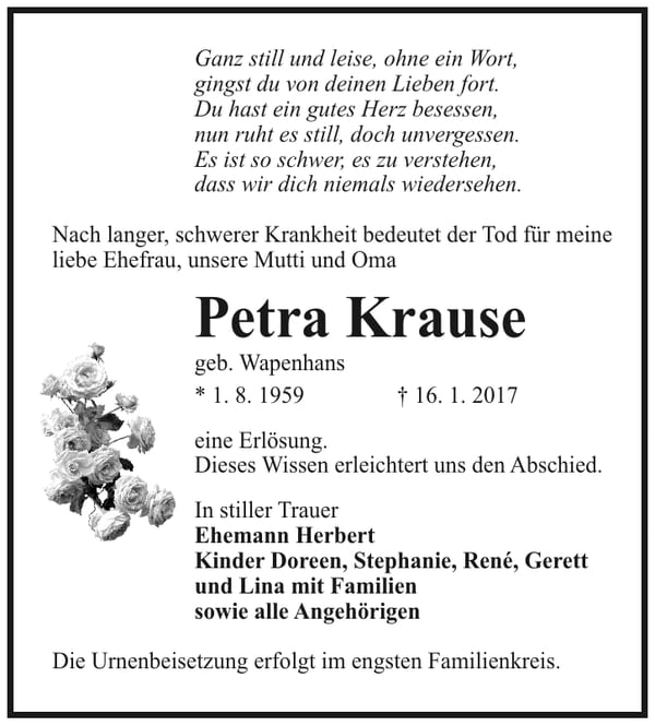 Traueranzeige Petra Krause, geb. Wapenhans