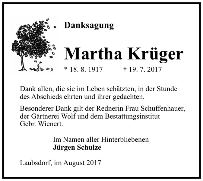 Danksagung Martha Krüger