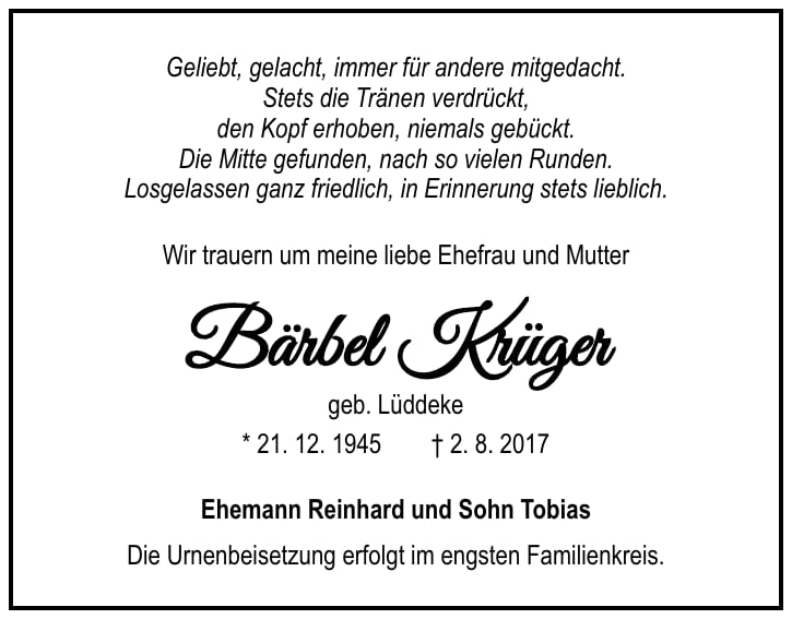 Traueranzeige Bärbel Krüger, geb. Lüddeke