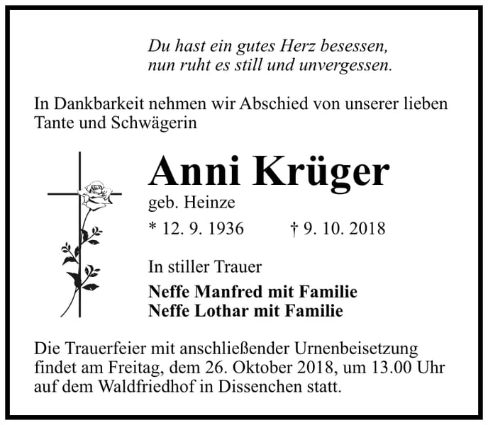 Traueranzeige Anni Krüger, geb. Heinze