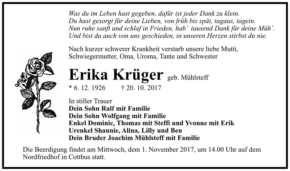Traueranzeige Erika Krüger, geb. Mühlsteff
