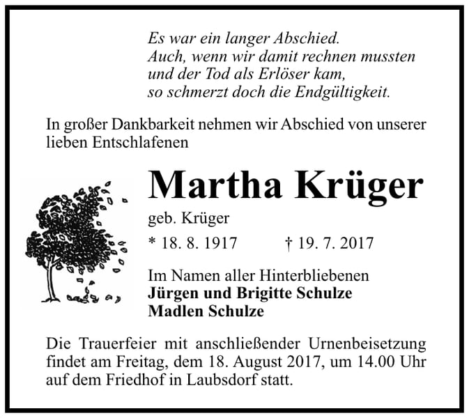 Traueranzeige Martha Krüger, geb. Krüger