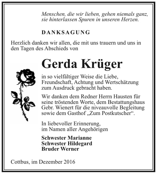 Danksagung Gerda Krüger