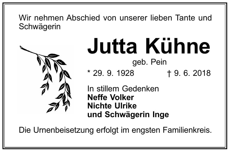 Traueranzeige Jutta Kühne, geb. Pein