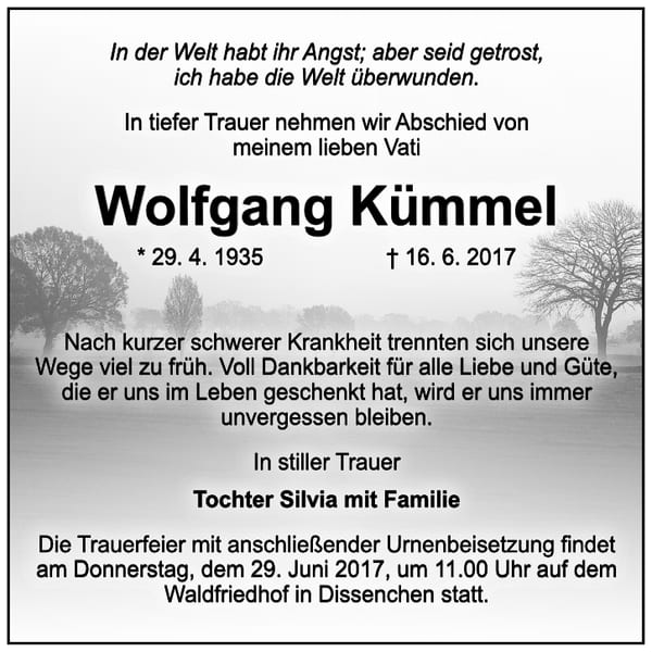 Traueranzeige Wolfgang Kümmel