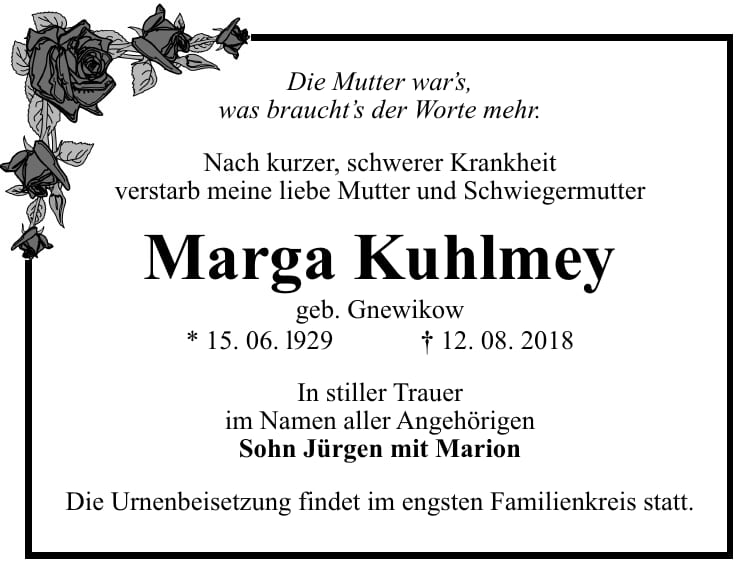 Traueranzeige Marga Kuhlmey, geb. Gnewikow