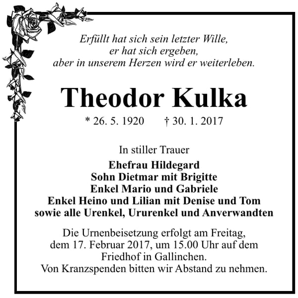 Traueranzeige Theodor Kulka