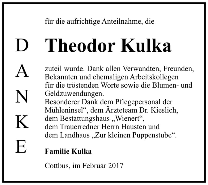 Danksagung Theodor Kulka