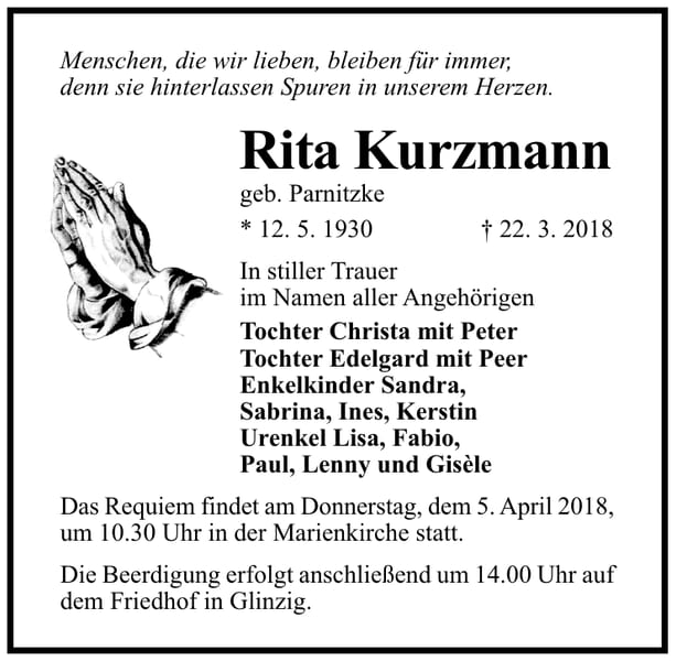 Traueranzeige Rita Kurzmann, geb. Parnitzke