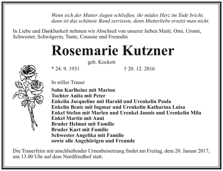 Traueranzeige Rosemarie Kutzner, geb. Kockott