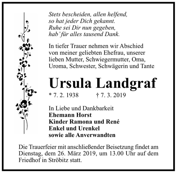 Traueranzeige Ursula Landgraf