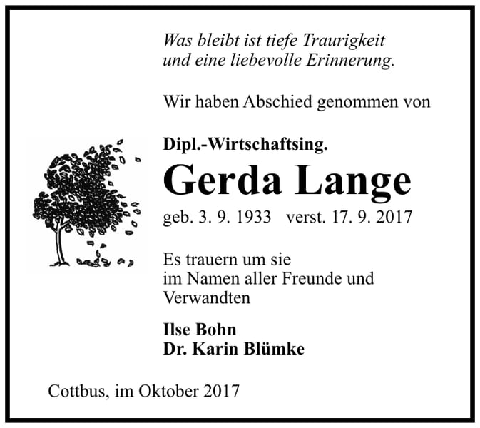 Traueranzeige Gerda Lange