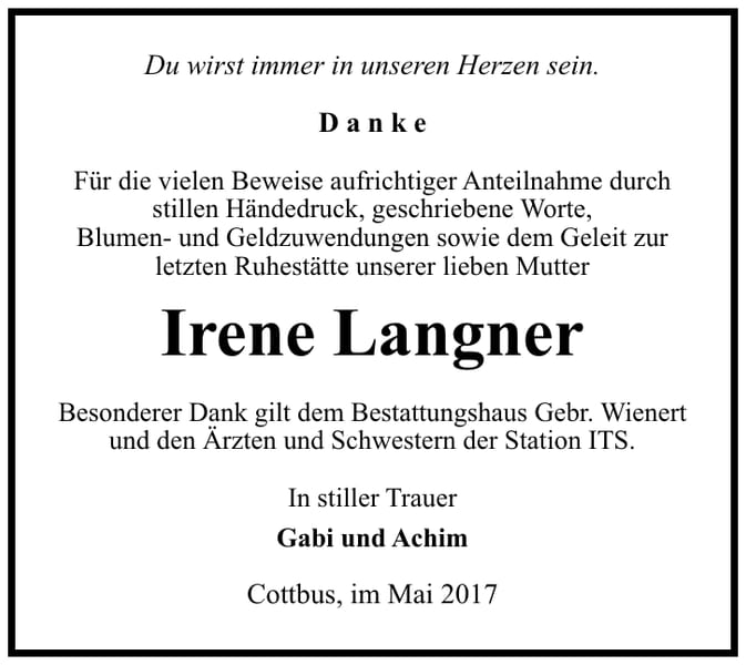 Danksagung Irene Langner
