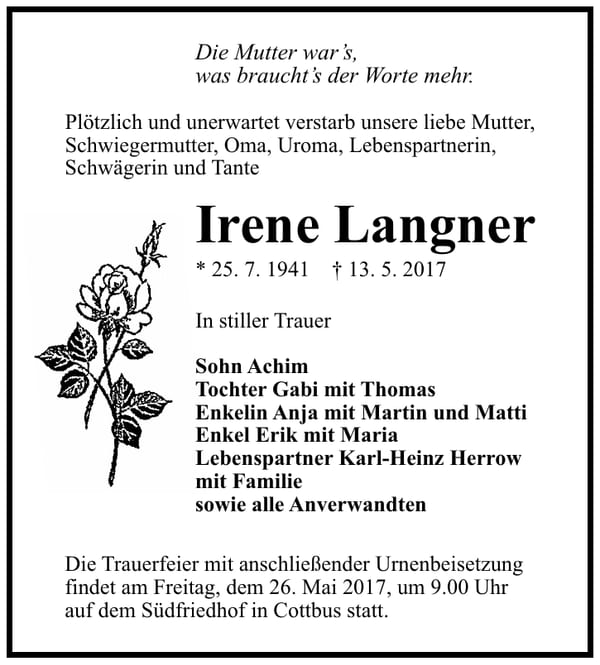 Traueranzeige Irene Langner