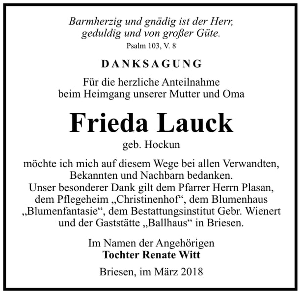 Danksagung Frieda Lauck, geb. Hockun