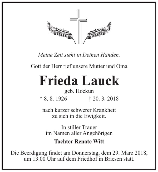 Traueranzeige Frieda Lauck, geb. Hockun