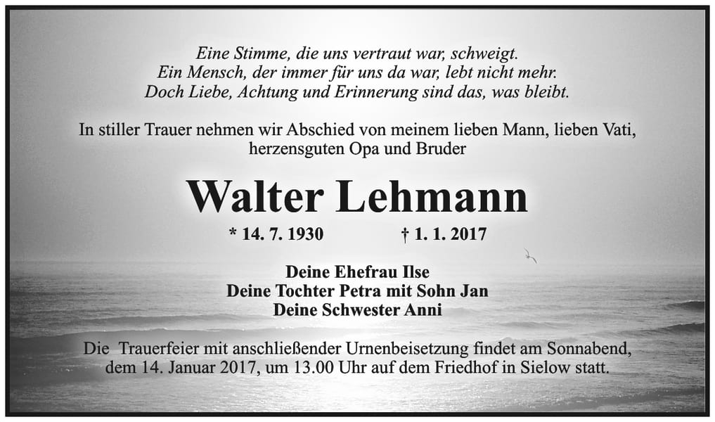 Traueranzeige Walter Lehmann