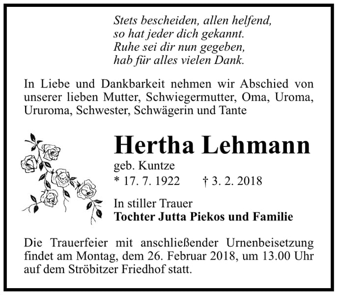 Traueranzeige Hertha Lehmann, geb. Kuntze