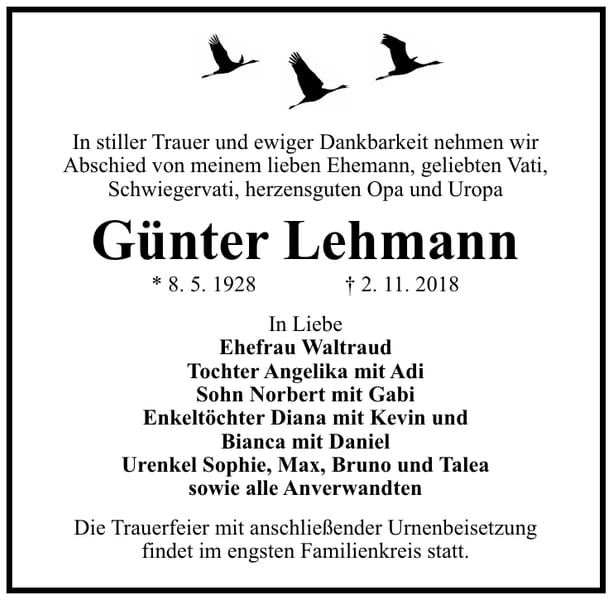 Traueranzeige Günter Lehmann