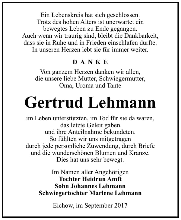 Danksagung Gertrud Lehmann