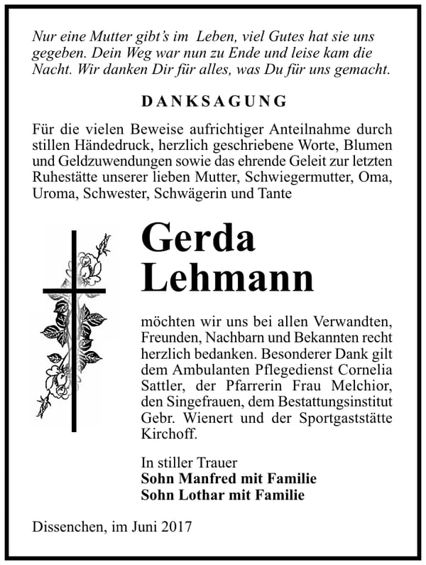 Danksagung Gerda Lehmann