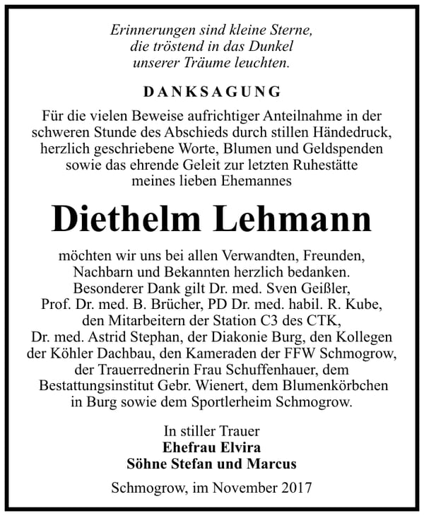 Danksagung Diethelm Lehmann