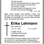Traueranzeige Erika Lehmann, geb. Hoffmann