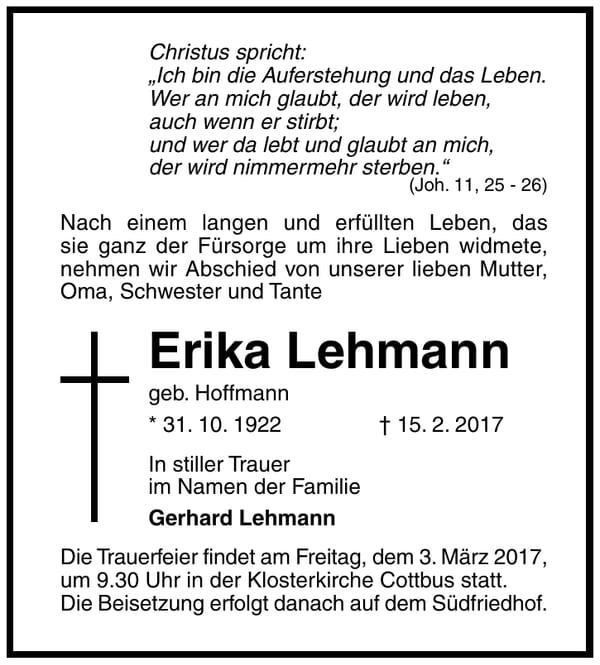 Traueranzeige Erika Lehmann, geb. Hoffmann