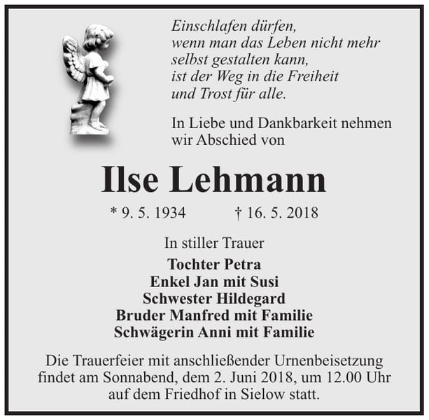 Traueranzeige Ilse Lehmann