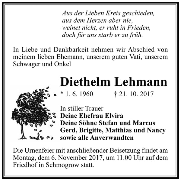 Traueranzeige Diethelm Lehmann