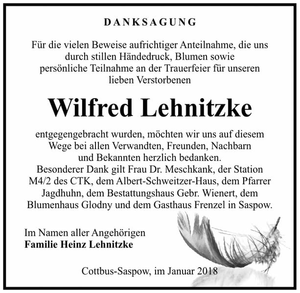 Danksagung Wilfred Lehnitzke