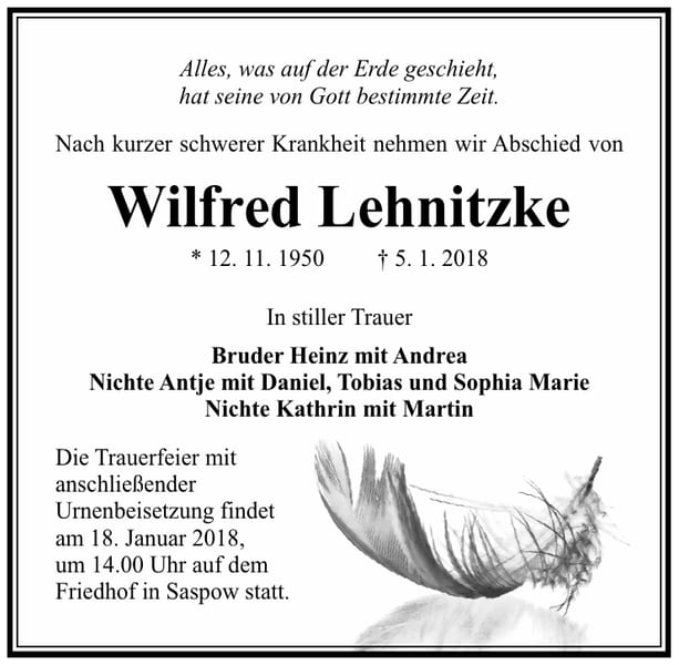 Traueranzeige Wilfred Lehnitzke