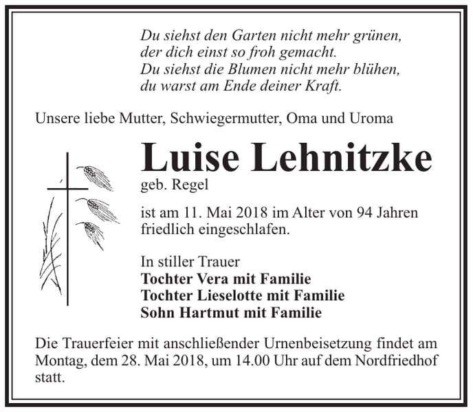 Traueranzeige Luise Lehnitzke, geb. Regel