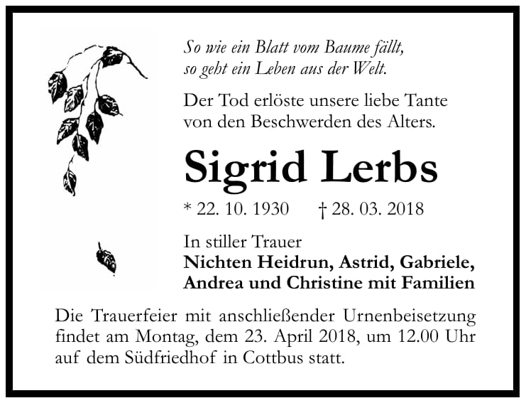 Traueranzeige Sigrid Lerbs