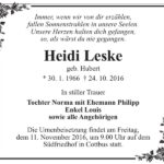 Traueranzeige Heidi Leske, geb. Hubert