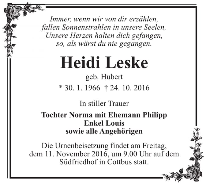 Traueranzeige Heidi Leske, geb. Hubert