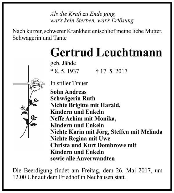 Traueranzeige Gertrud Leuchtmann, geb. Jähde