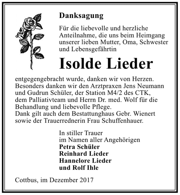 Danksagung Isolde Lieder