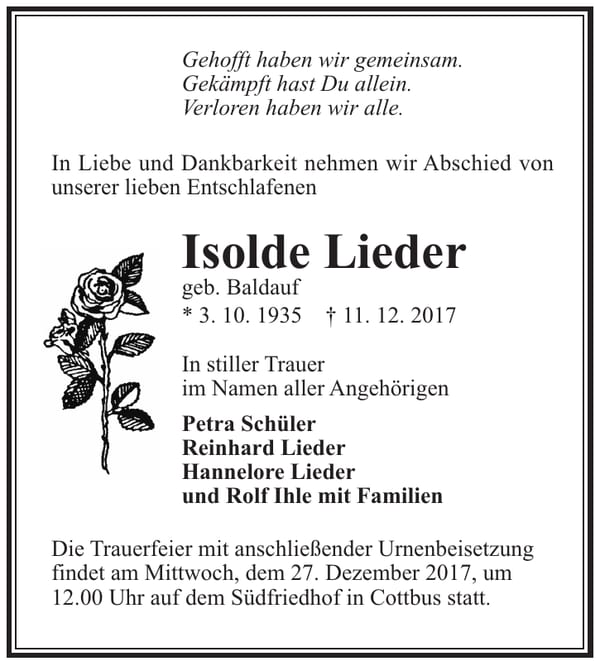 Traueranzeige Isolde Lieder, geb. Baldauf