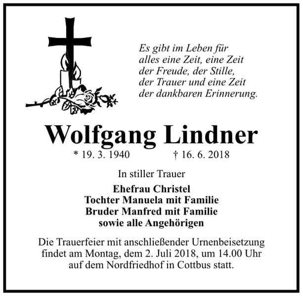 Traueranzeige Wolfgang Lindner