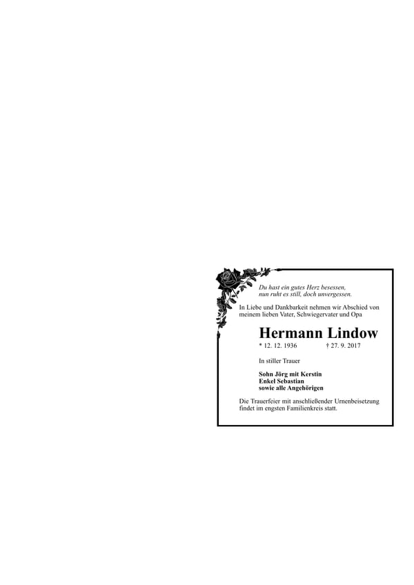 Traueranzeige Hermann Lindow