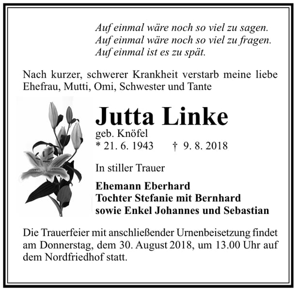 Traueranzeige Jutta Linke, geb. Knöfel
