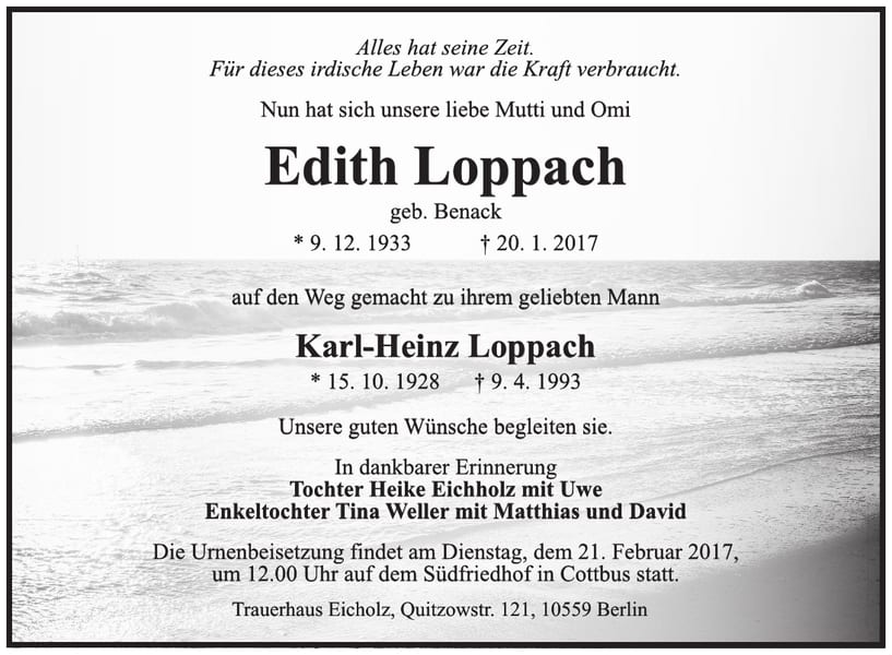 Traueranzeige Edith Loppach, geb. Benack