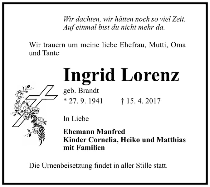 Traueranzeige Ingrid Lorenz, geb. Brandt