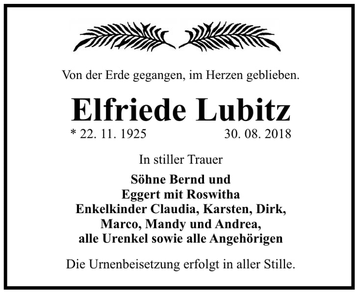 Traueranzeige Elfriede Lubitz