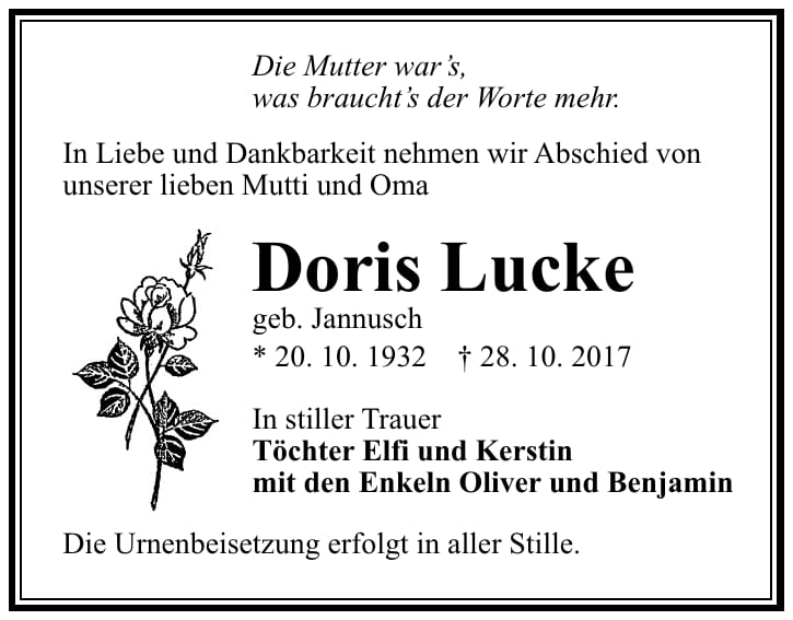 Traueranzeige Doris Lucke, geb. Jannusch