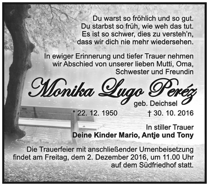Traueranzeige Monika Lugo Peréz, geb. Deichsel