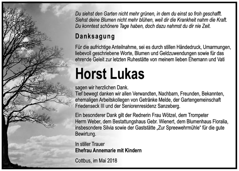 Danksagung Horst Lukas